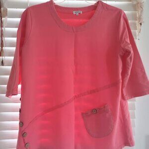 Women's Coral Pink Asymmetrical Cotton Top XL Petsche Cottagecore Lagenlook